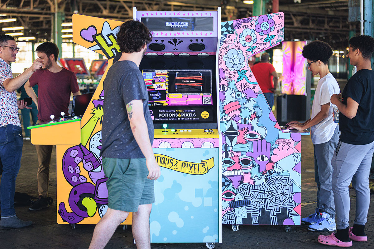 Potions & Pixels brought an arcade to BOOM. Passersby could hop on a game and engage with an interactive installation.